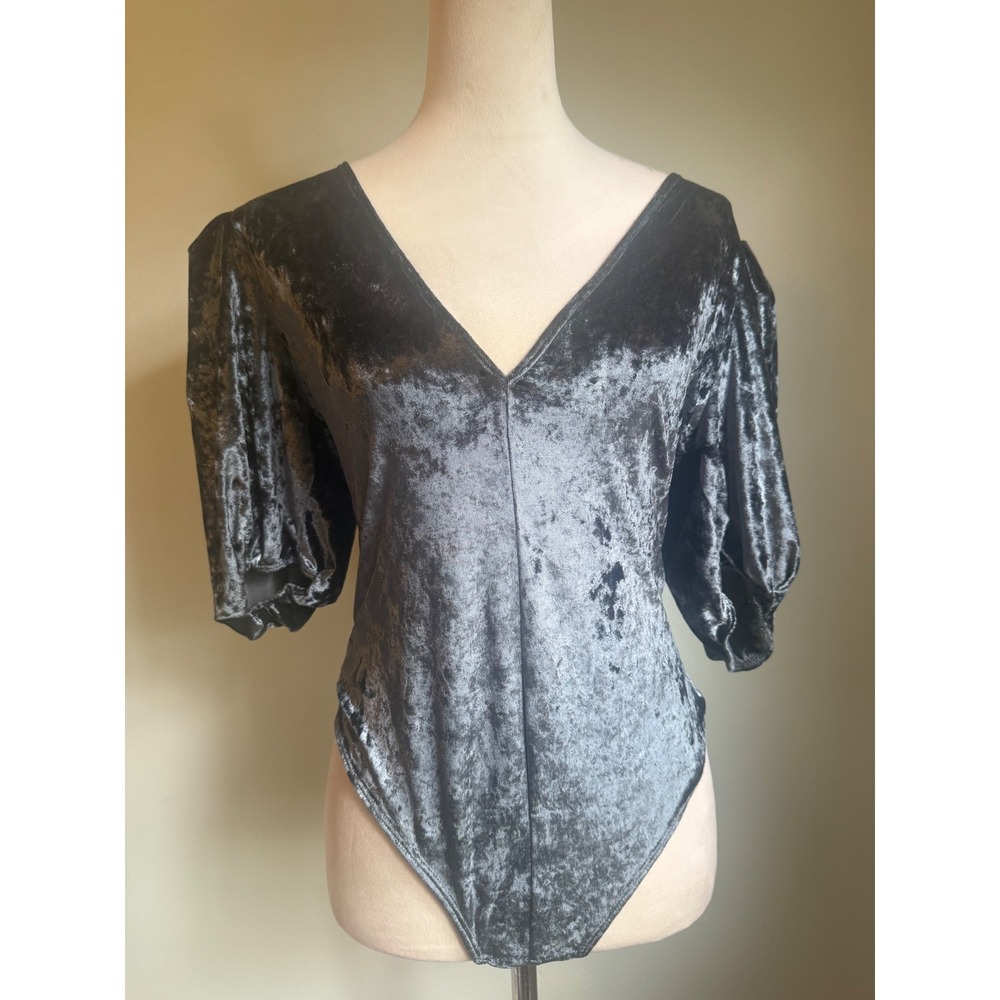 Intimately Free People Crushed Velvet Puff Sleeve Bodysuit Grey boho whimsi Y2K - Picture 2 of 7